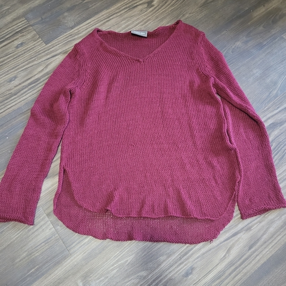 Wooden Ships Women's V-Neck Open Knit Sweater Size S/M - Burgundy Long Sleeve